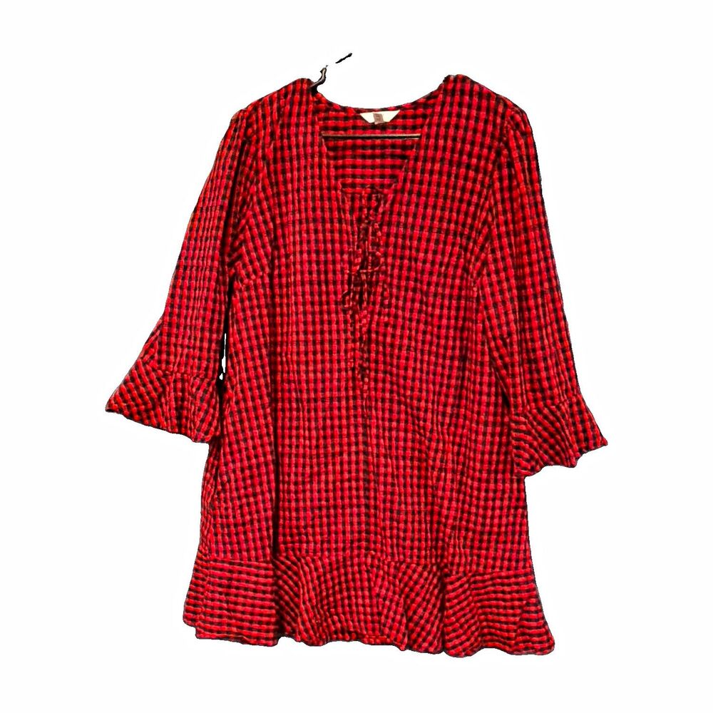 Time and Tru Women’s Plus 2XL Red/Black Plaid Cotton Babydoll Dress V-Neck